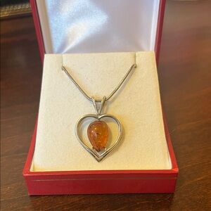 Silver and amber heart necklace